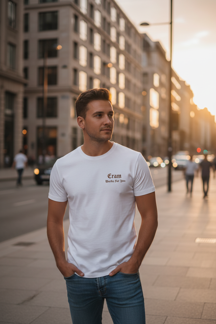 Man with Eram logo T-shirt