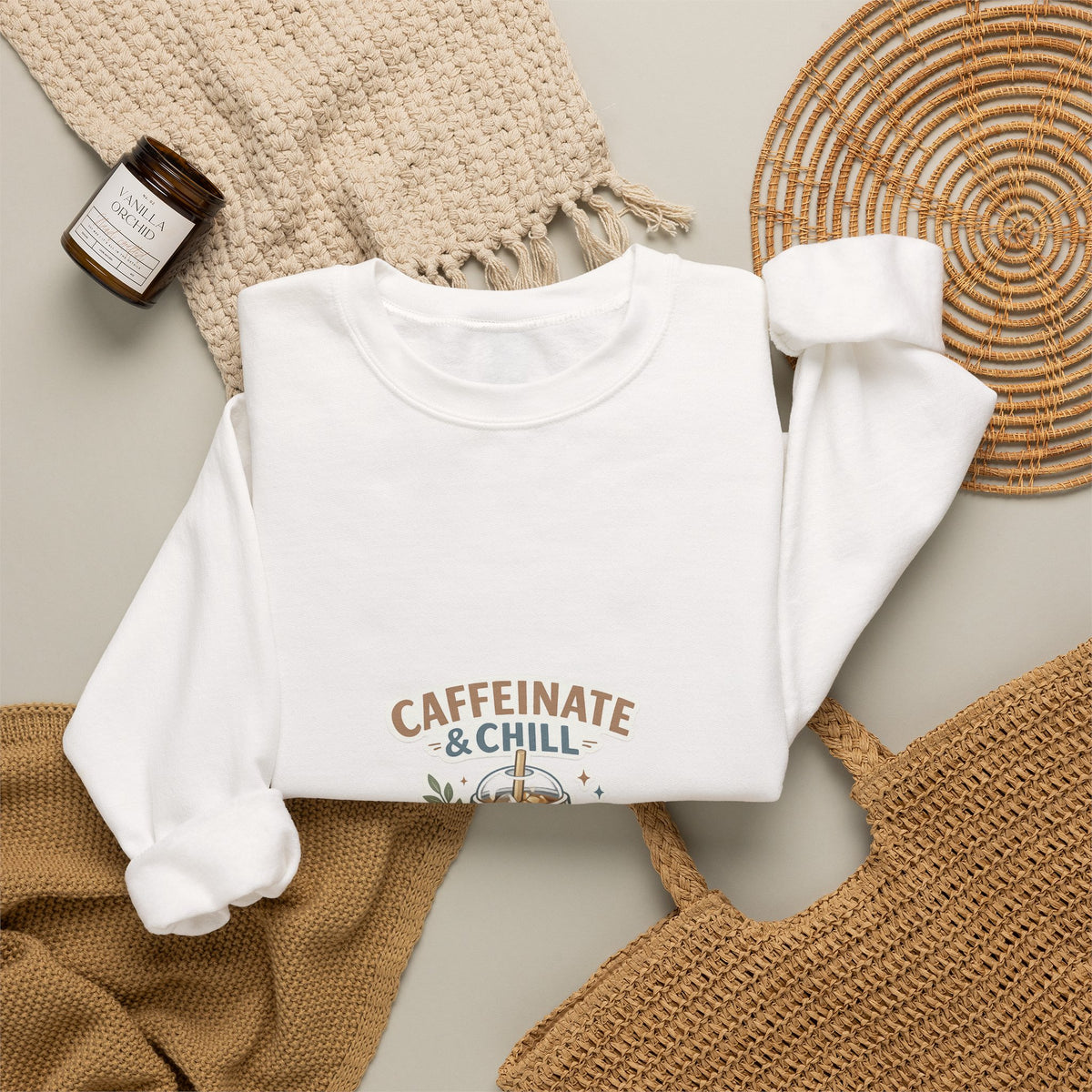 Caffeinate & Chill Crewneck Sweatshirt — Cozy Coffee Lover Pullover