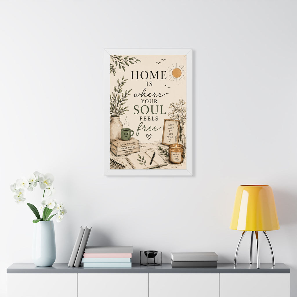 Framed Vertical Poster — "Home Is Where Your Soul Feels Free" Cozy Boho Wall Art