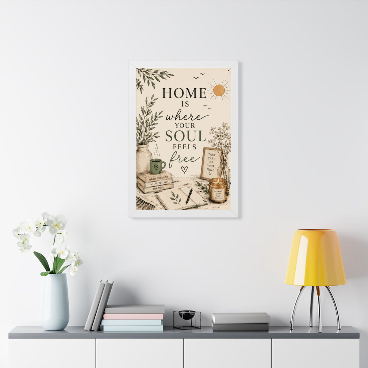 Framed Vertical Poster — "Home Is Where Your Soul Feels Free" Cozy Boho Wall Art