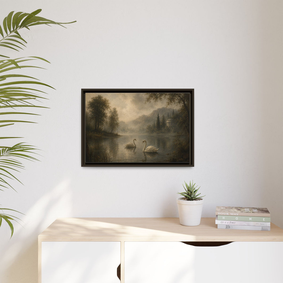 Framed Matte Canvas Print — Serene Swans on Misty Lake