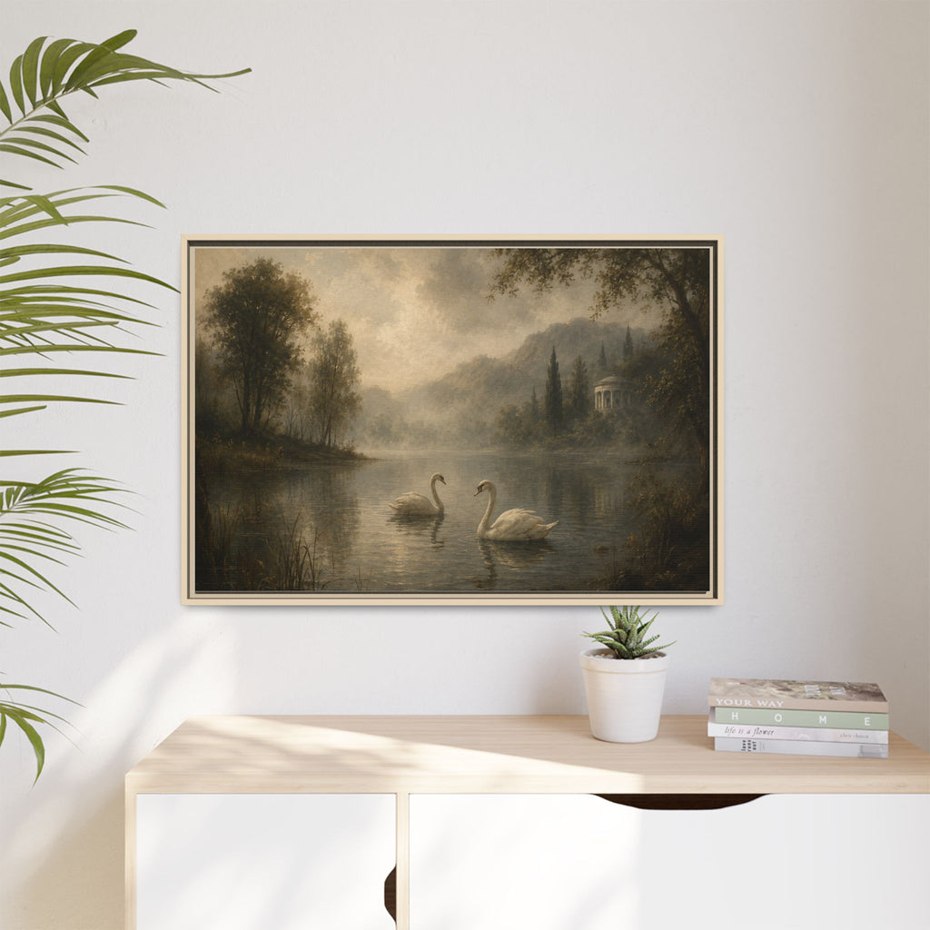 Framed Matte Canvas Print — Serene Swans on Misty Lake