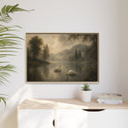 Framed Matte Canvas Print — Serene Swans on Misty Lake
