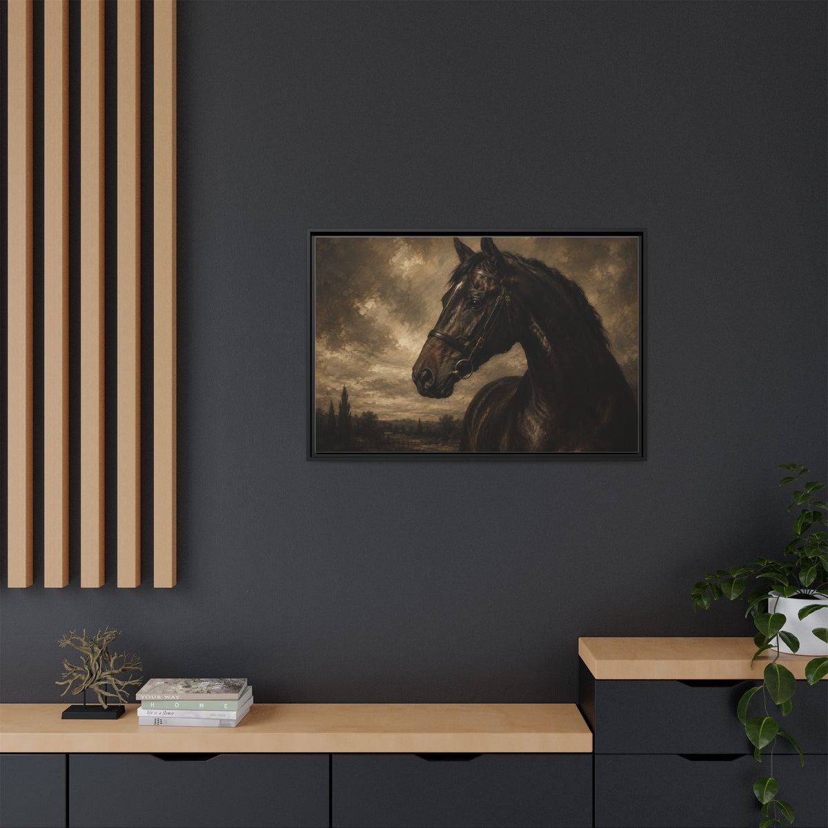 Framed Matte Canvas Horse Portrait — Vintage Dark Equestrian Wall Art