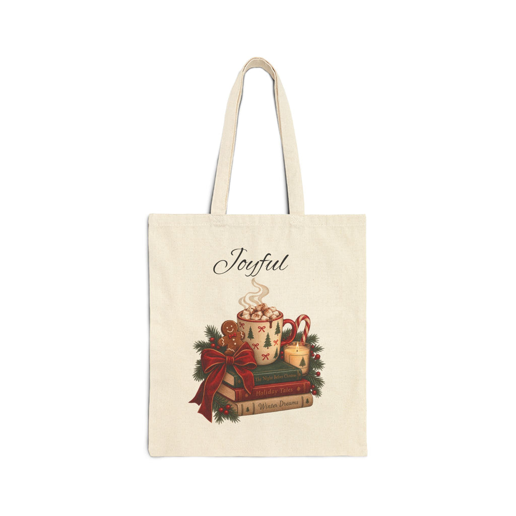 Holiday Joy Tote Bag — "Joyful" Christmas Cocoa & Books Canvas Tote