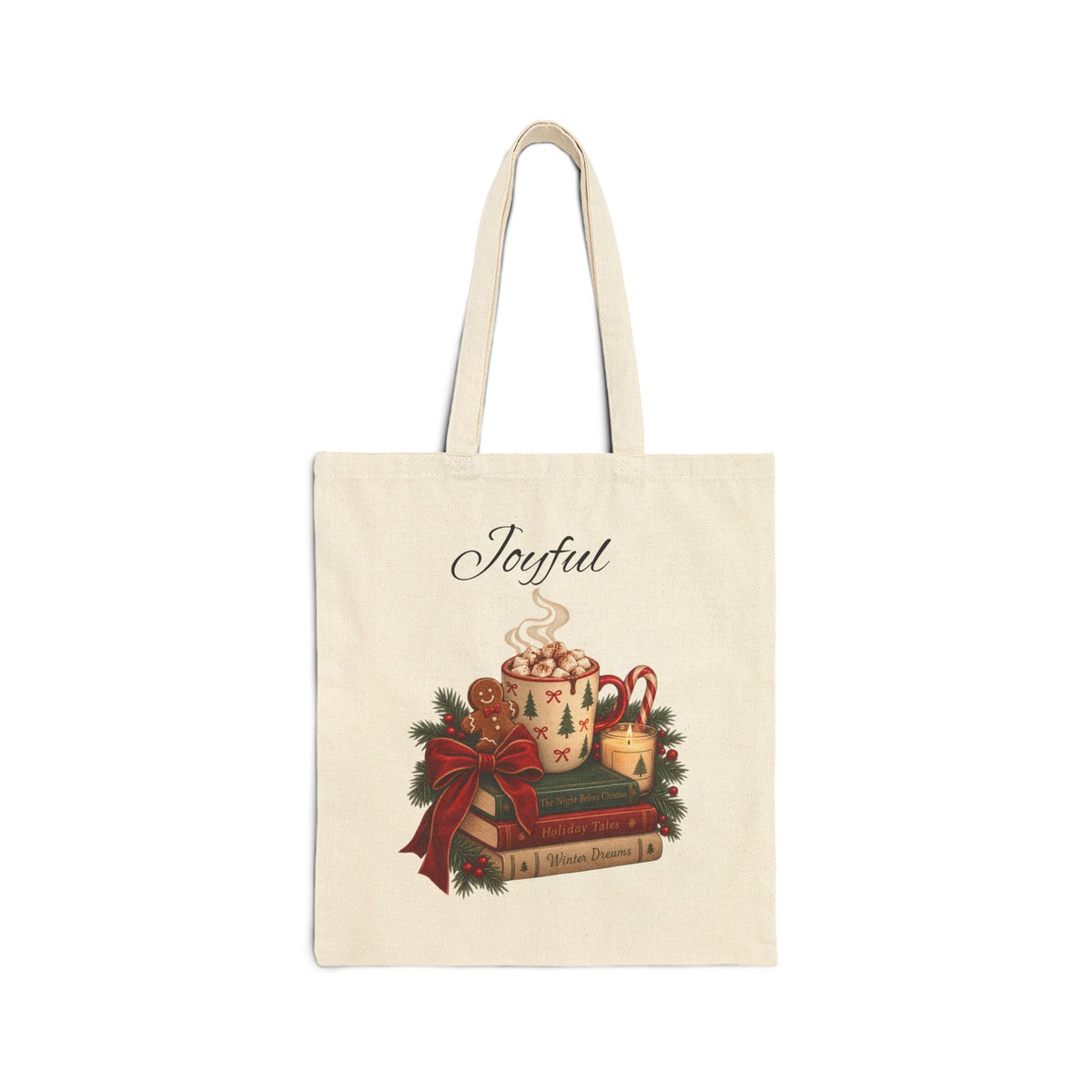 Holiday Joy Tote Bag — "Joyful" Christmas Cocoa & Books Canvas Tote