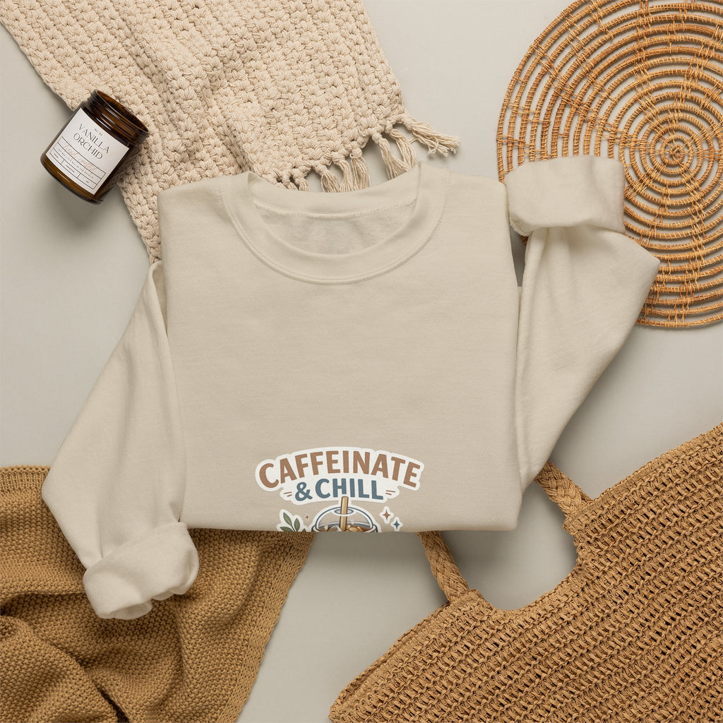 Caffeinate & Chill Crewneck Sweatshirt — Cozy Coffee Lover Pullover