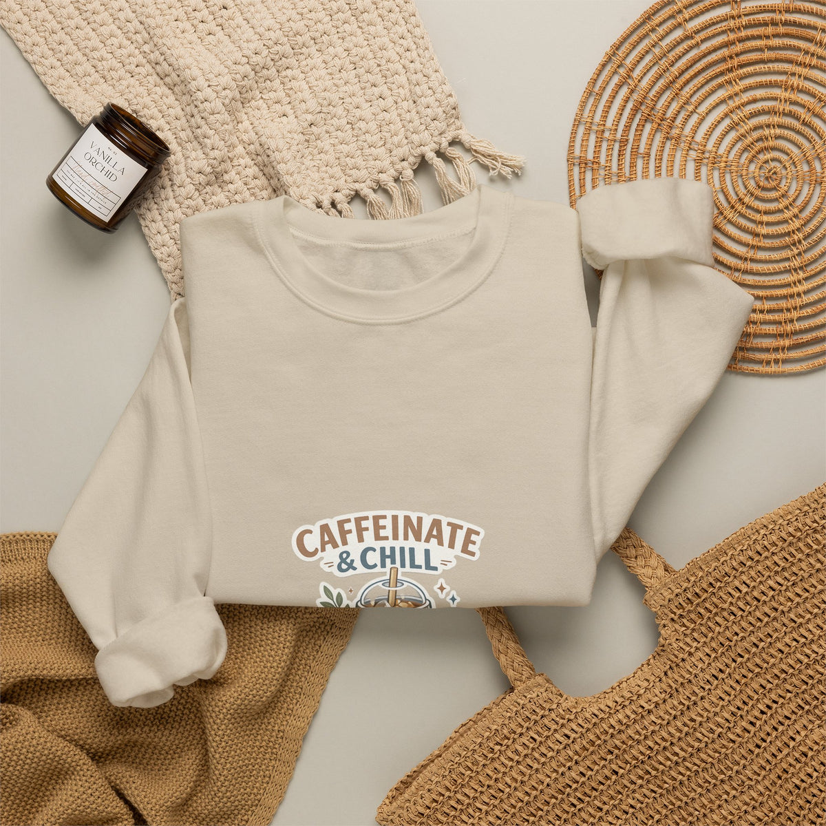Caffeinate & Chill Crewneck Sweatshirt — Cozy Coffee Lover Pullover