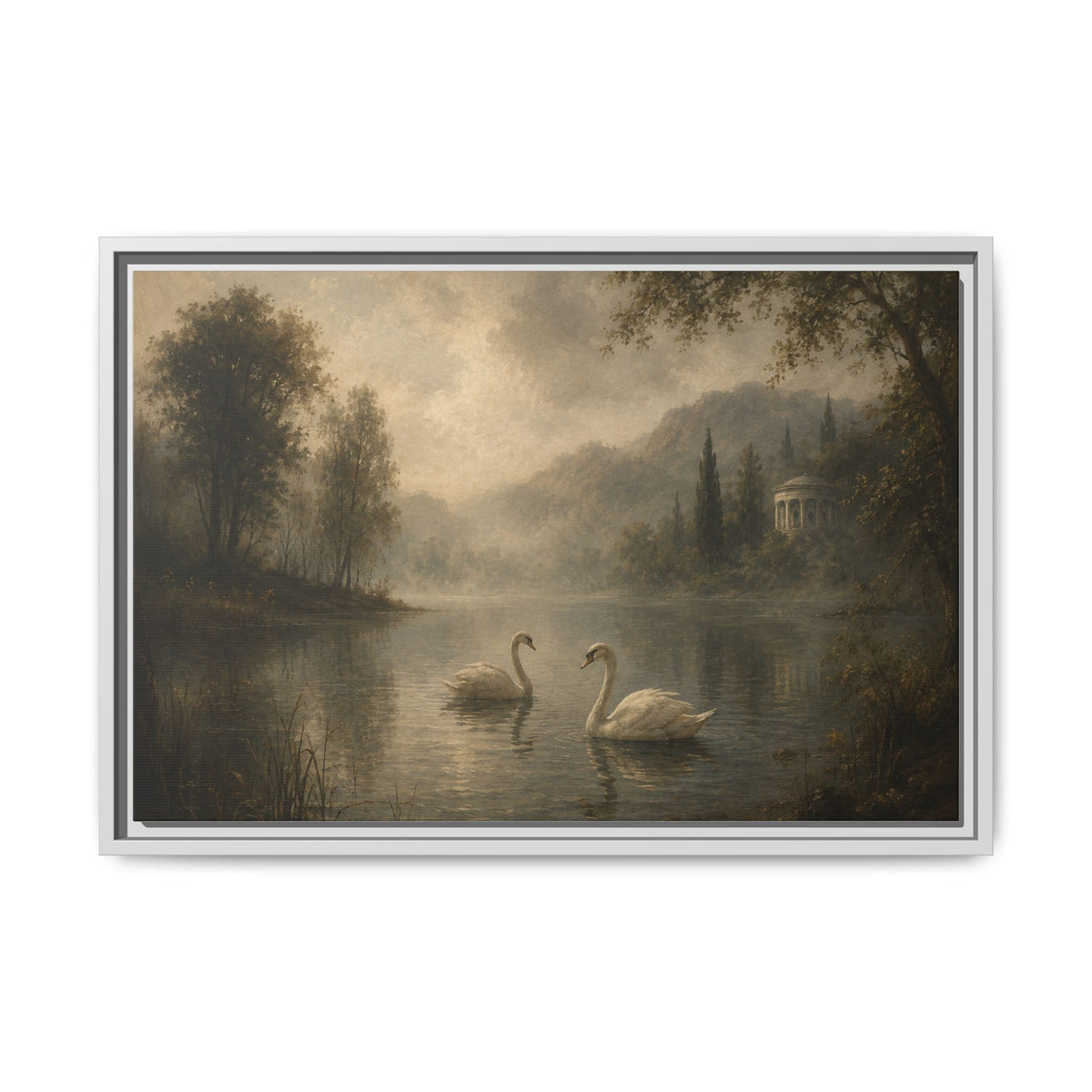 Framed Matte Canvas Print — Serene Swans on Misty Lake