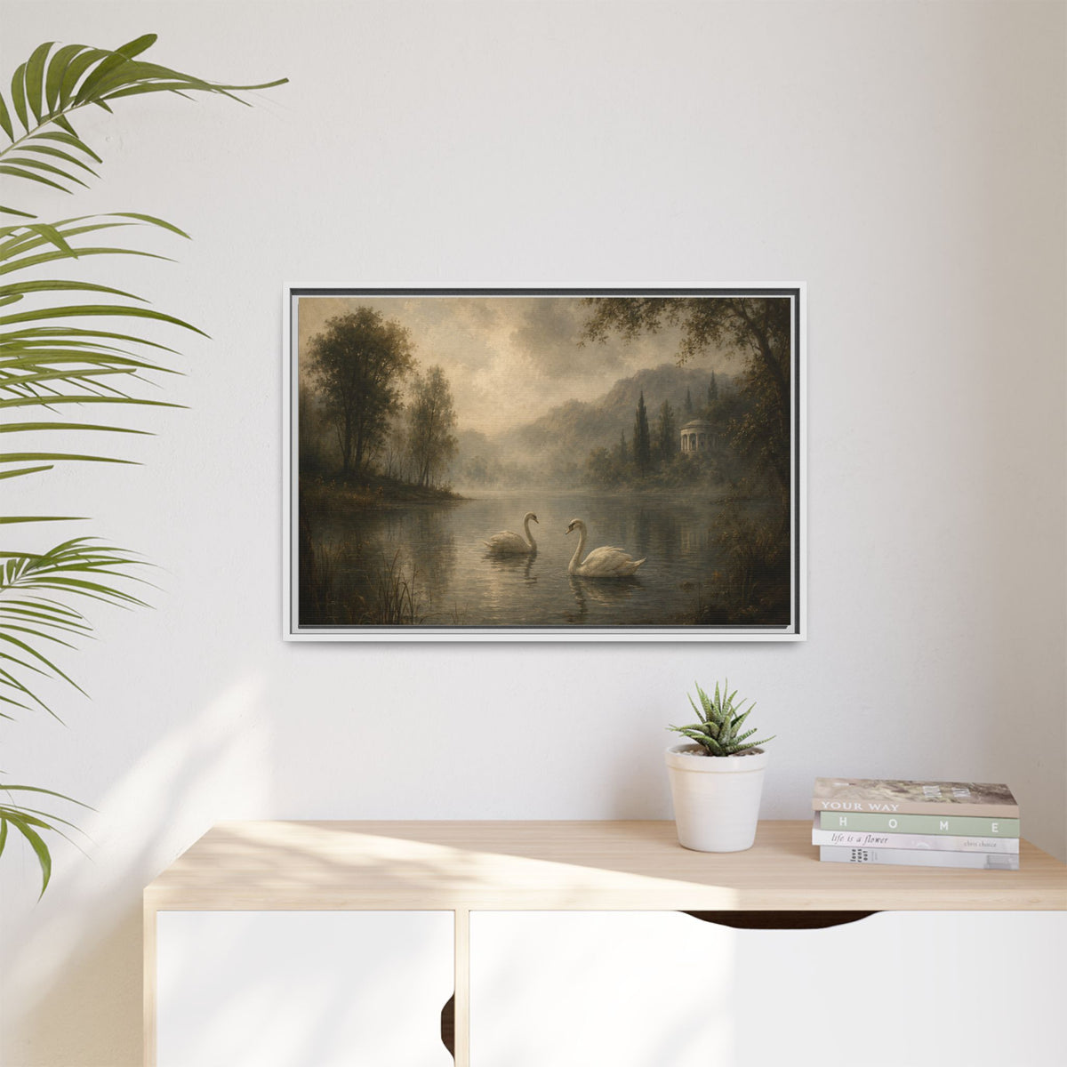Framed Matte Canvas Print — Serene Swans on Misty Lake