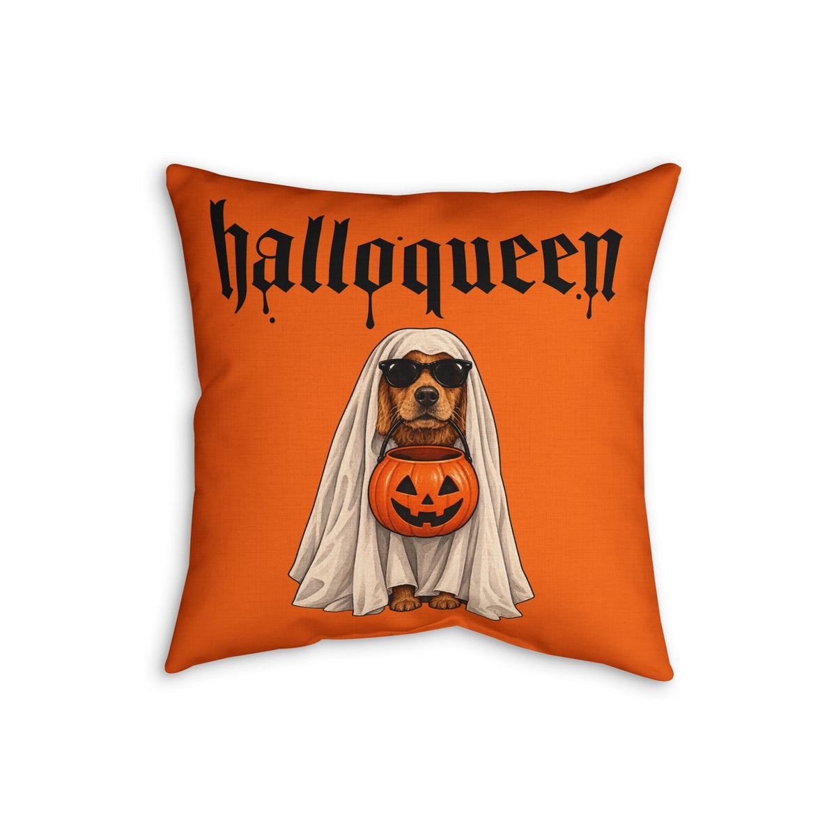 Halloween Faux Linen Pillow – "Halloqueen" Cat & Ghost Dog Pumpkin Throw Pillow