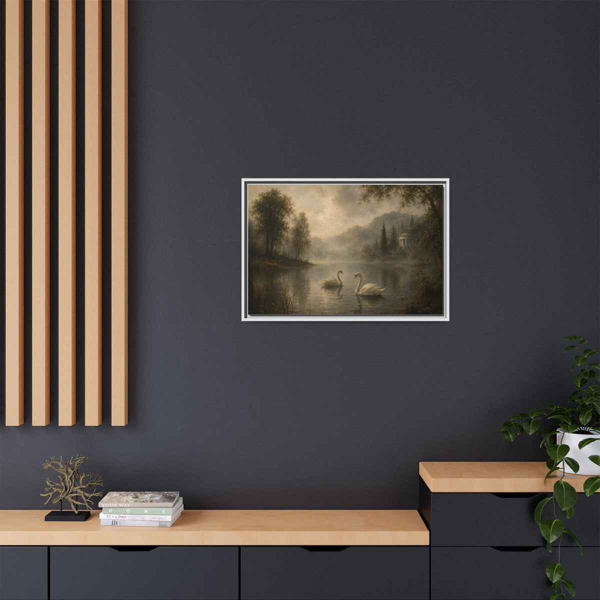 Framed Matte Canvas Print — Serene Swans on Misty Lake