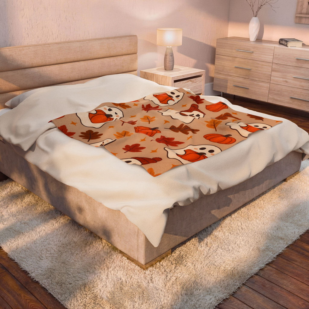 Custom Spooky Fall Ghosts Velveteen Plush Blanket, personalized fall blanket— Pumpkin & Leaves Autumn Throw