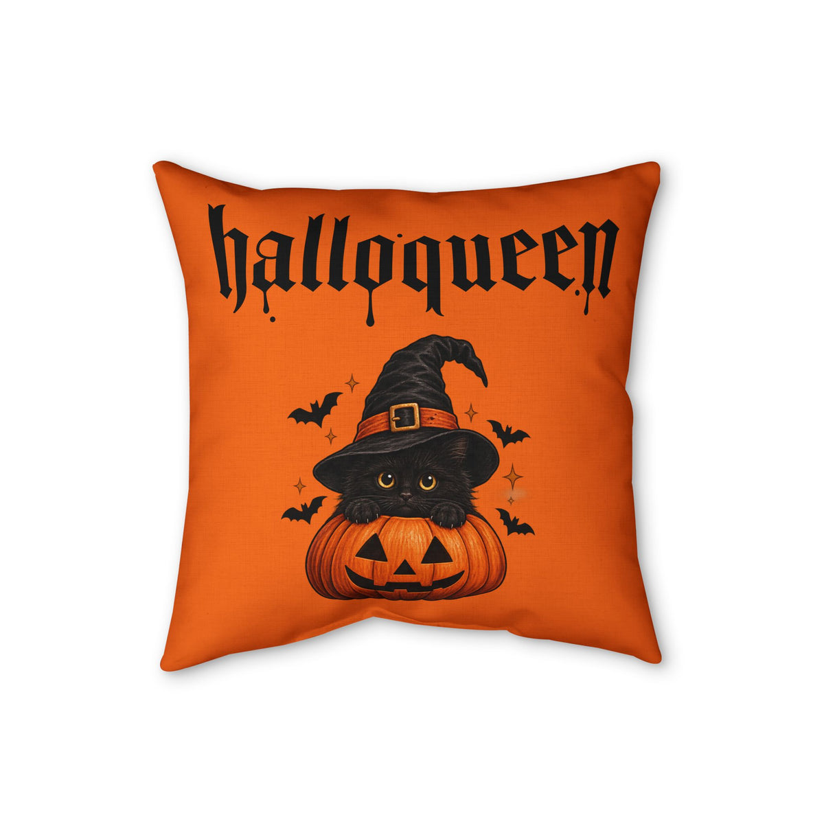 Halloween Faux Linen Pillow – "Halloqueen" Cat & Ghost Dog Pumpkin Throw Pillow