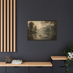 Framed Matte Canvas Print — Serene Swans on Misty Lake