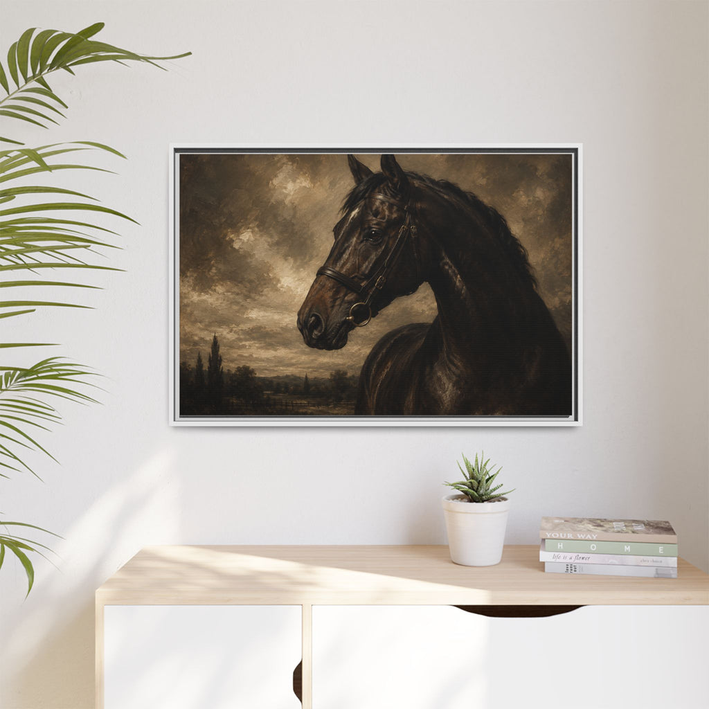 Framed Matte Canvas Horse Portrait — Vintage Dark Equestrian Wall Art