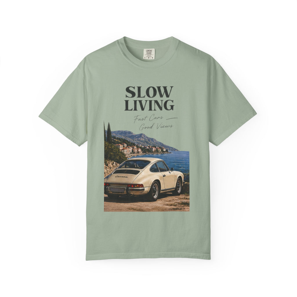 Slow Living Vintage Car T-Shirt — Scenic Coastal Drive Tee