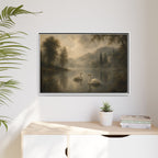 Framed Matte Canvas Print — Serene Swans on Misty Lake