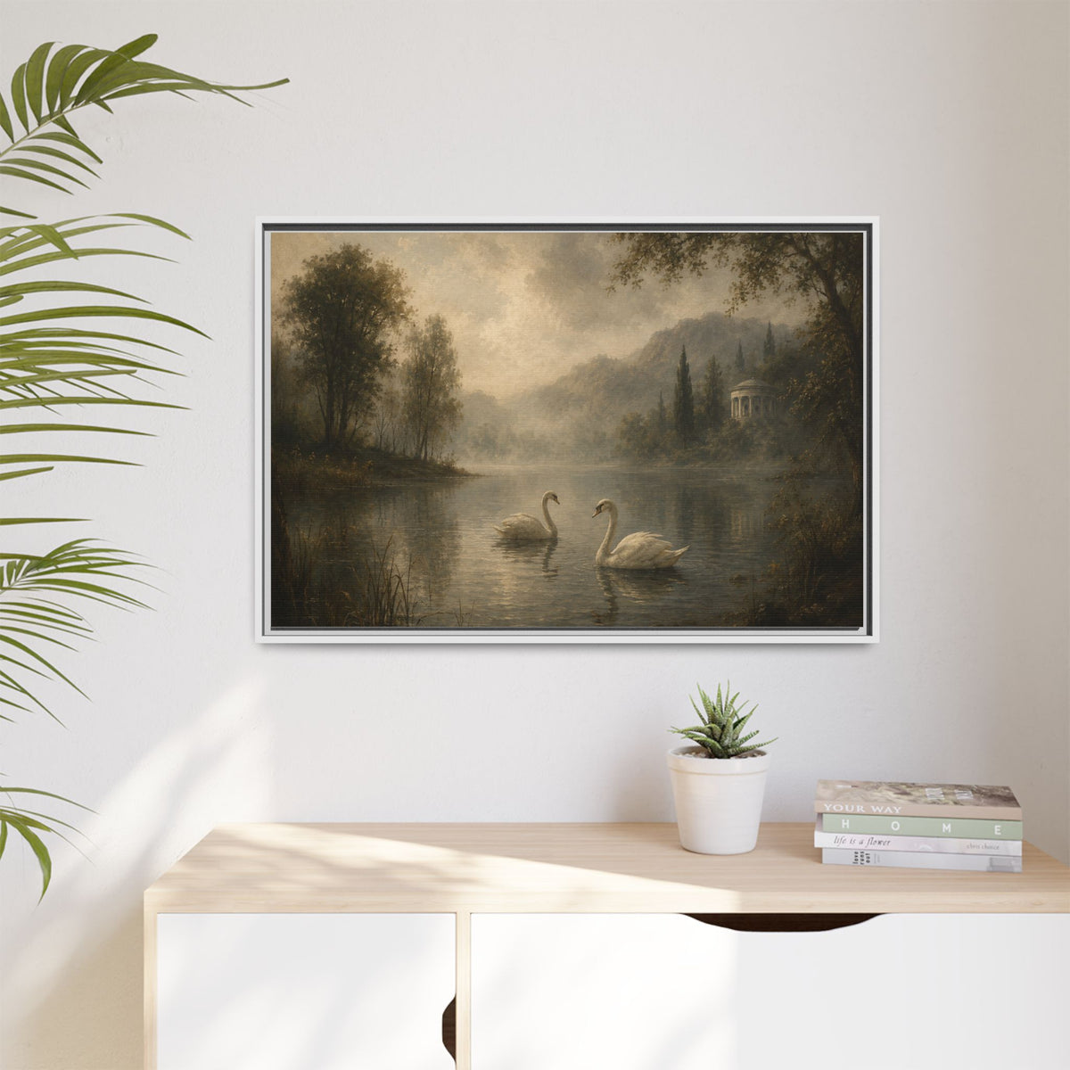 Framed Matte Canvas Print — Serene Swans on Misty Lake