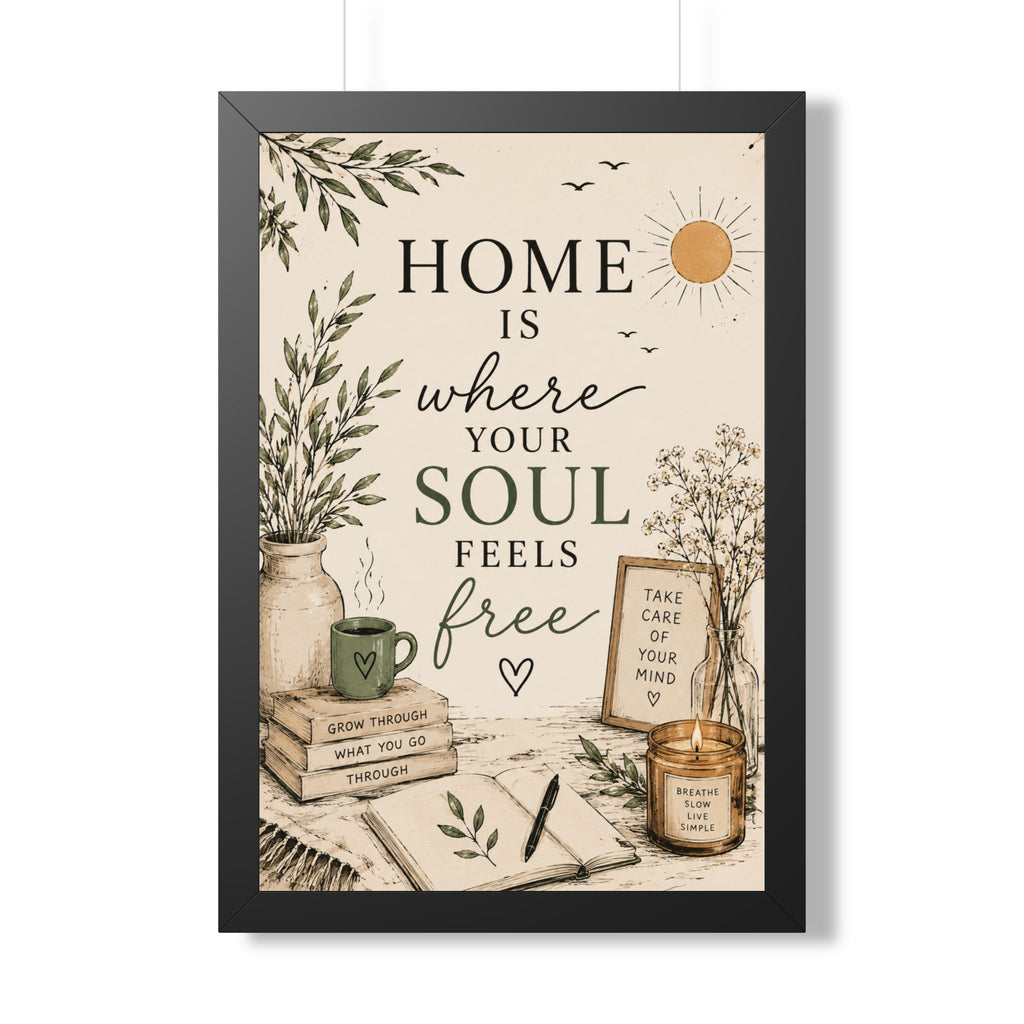 Framed Vertical Poster — "Home Is Where Your Soul Feels Free" Cozy Boho Wall Art