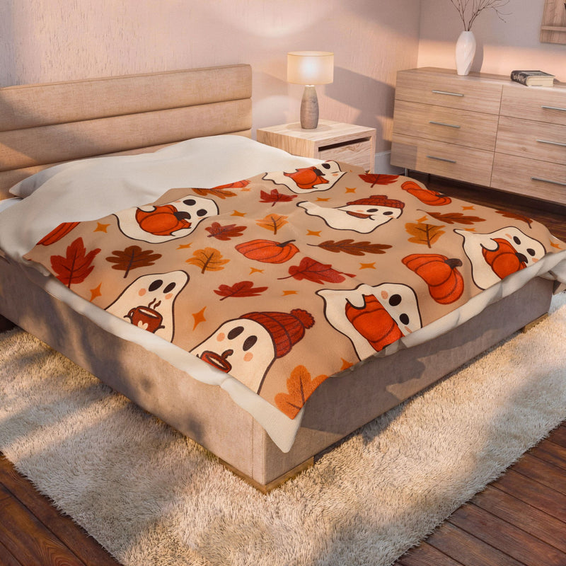 Custom Spooky Fall Ghosts Velveteen Plush Blanket, personalized fall blanket— Pumpkin & Leaves Autumn Throw