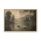 Framed Matte Canvas Print — Serene Swans on Misty Lake