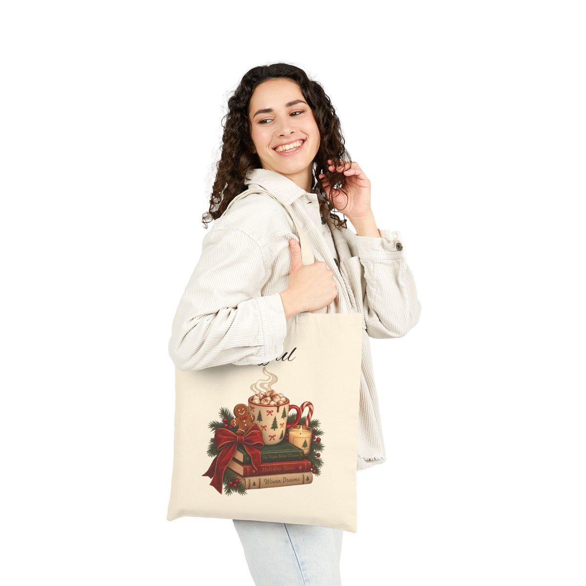 Holiday Joy Tote Bag — "Joyful" Christmas Cocoa & Books Canvas Tote
