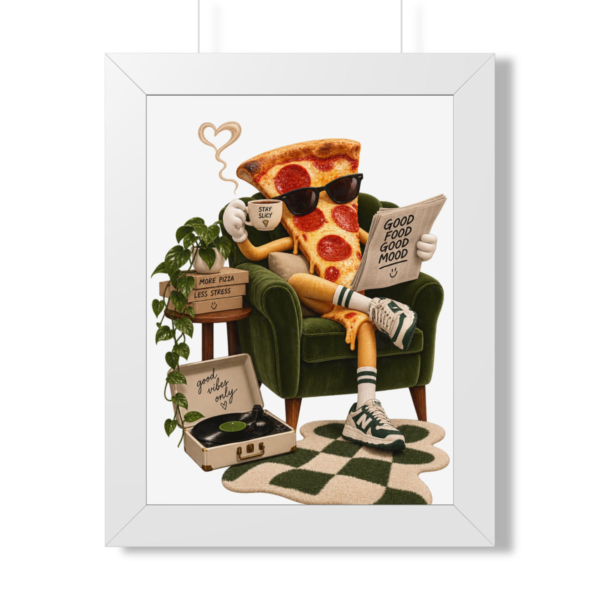 Framed Poster — Relaxing Pizza Slice 'Good Food Good Mood' Art Print