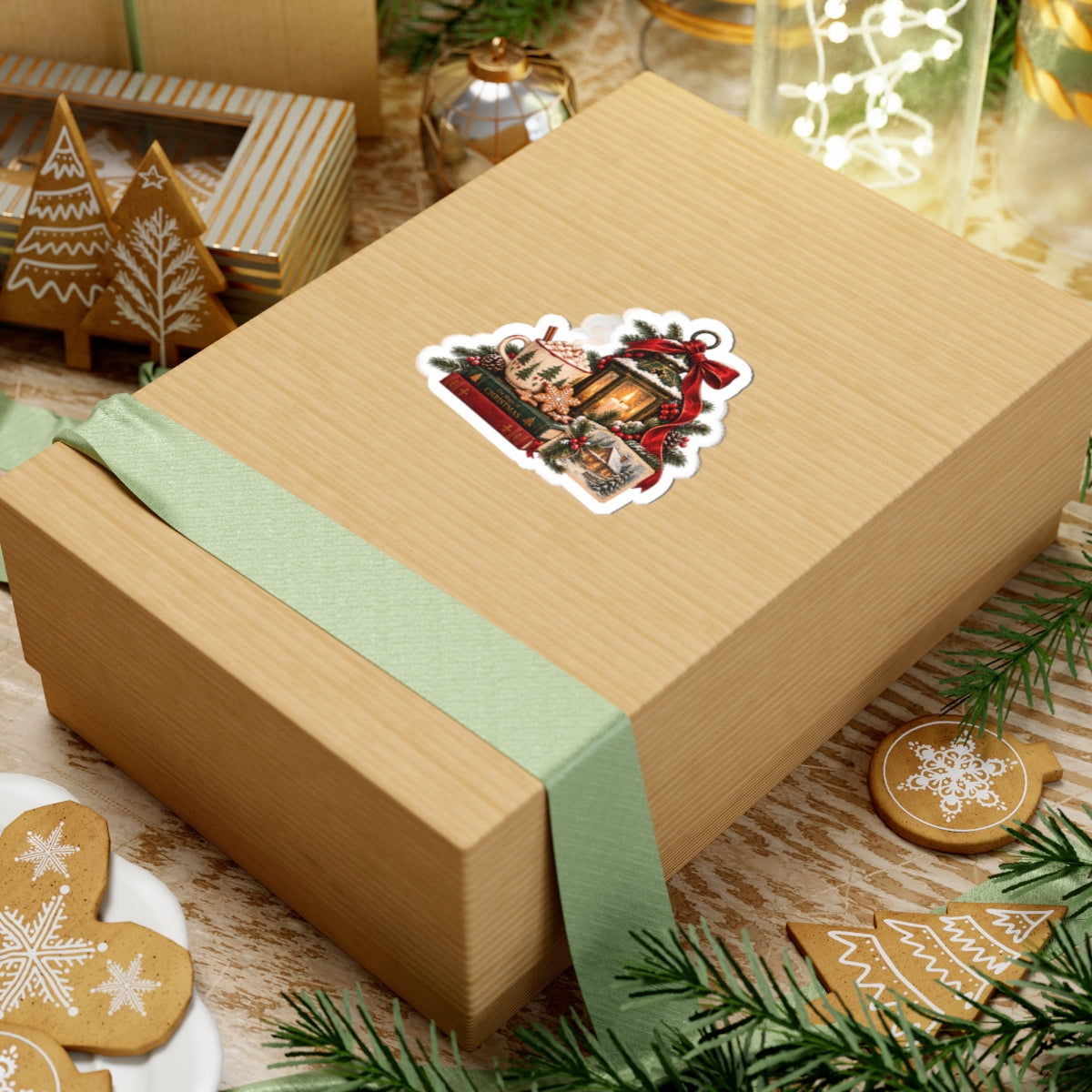 Christmas Cozy Sticker - Hot Cocoa, Lantern & Holiday Books Kiss-Cut Vinyl