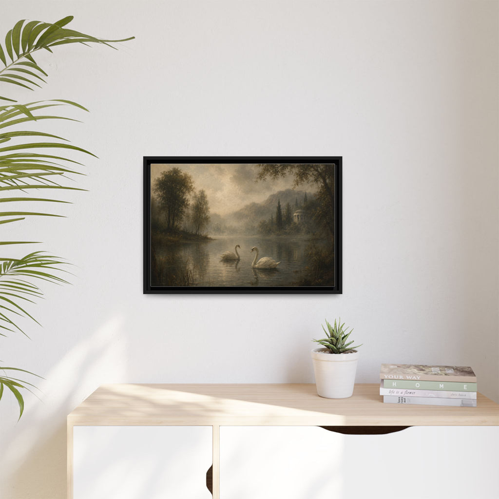 Framed Matte Canvas Print — Serene Swans on Misty Lake