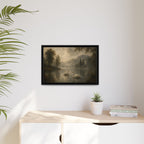 Framed Matte Canvas Print — Serene Swans on Misty Lake