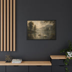 Framed Matte Canvas Print — Serene Swans on Misty Lake