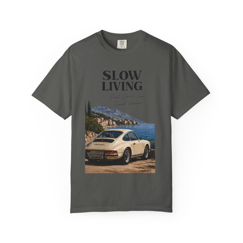 Slow Living Vintage Car T-Shirt — Scenic Coastal Drive Tee
