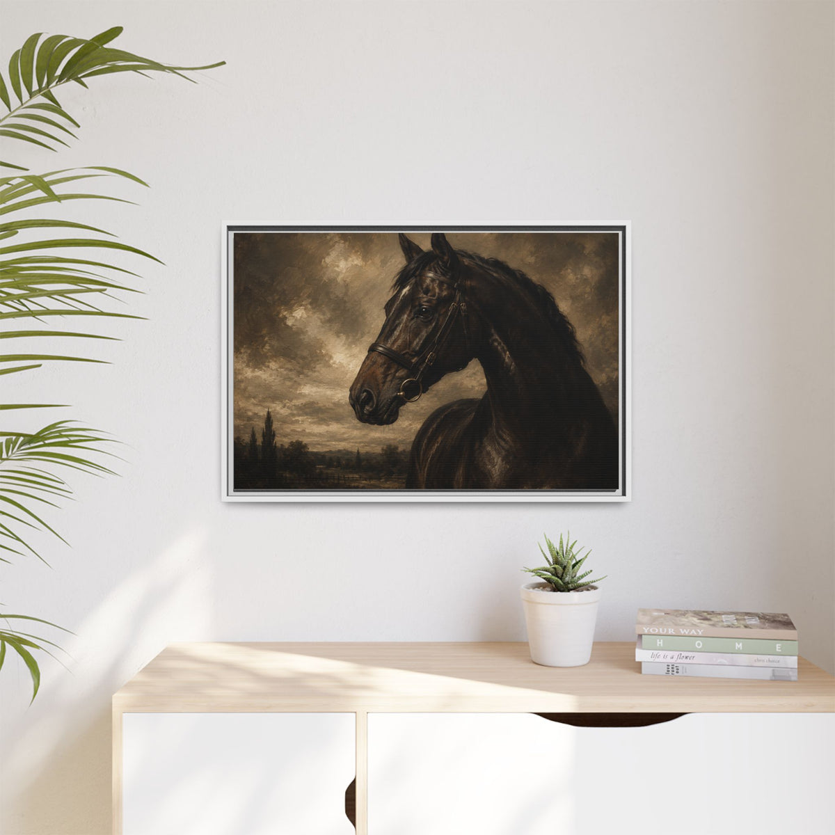 Framed Matte Canvas Horse Portrait — Vintage Dark Equestrian Wall Art