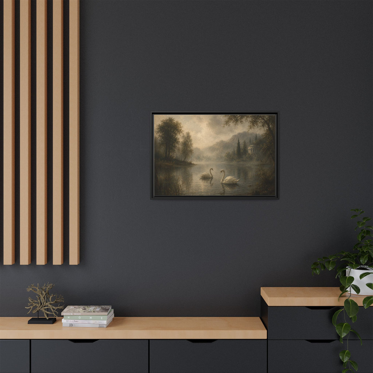Framed Matte Canvas Print — Serene Swans on Misty Lake