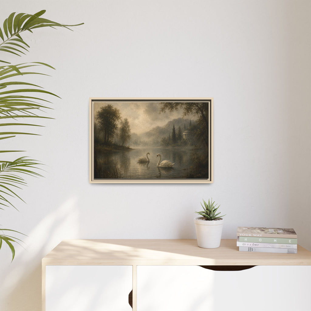 Framed Matte Canvas Print — Serene Swans on Misty Lake