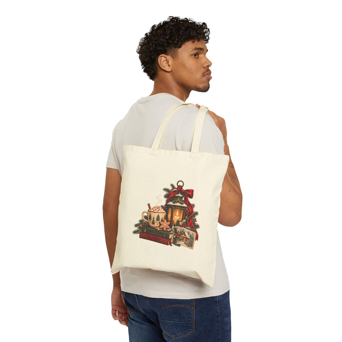 Vintage Christmas Lantern Tote Bag — Holiday Gift Market Tote