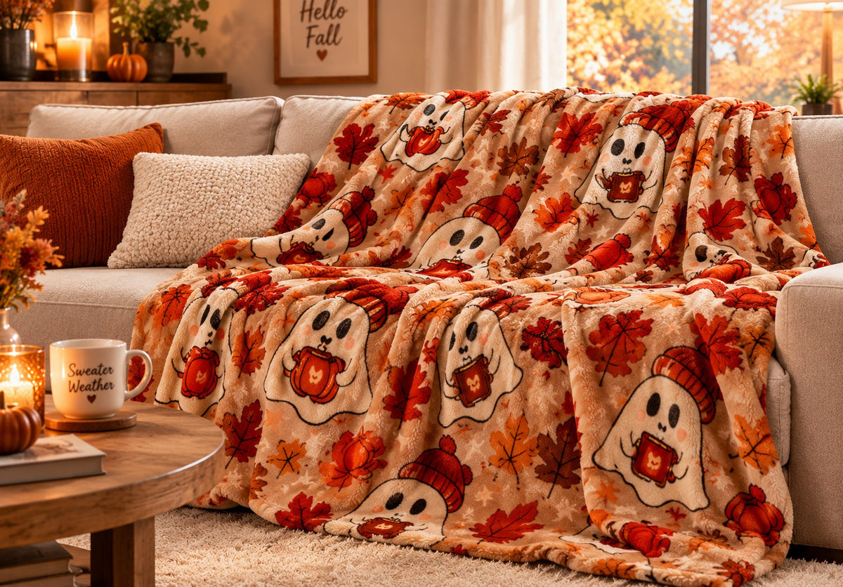 Custom Spooky Fall Ghosts Velveteen Plush Blanket, personalized fall blanket— Pumpkin & Leaves Autumn Throw
