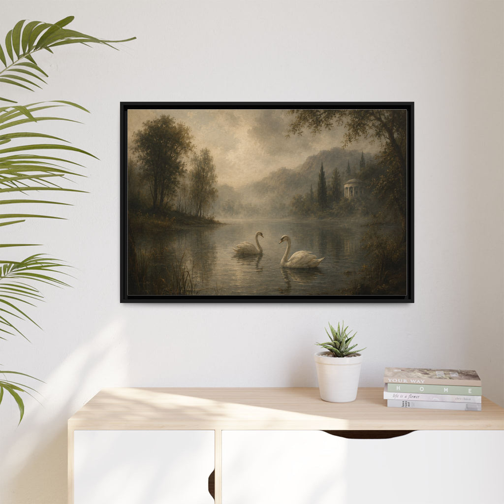 Framed Matte Canvas Print — Serene Swans on Misty Lake