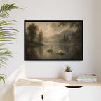 Framed Matte Canvas Print — Serene Swans on Misty Lake