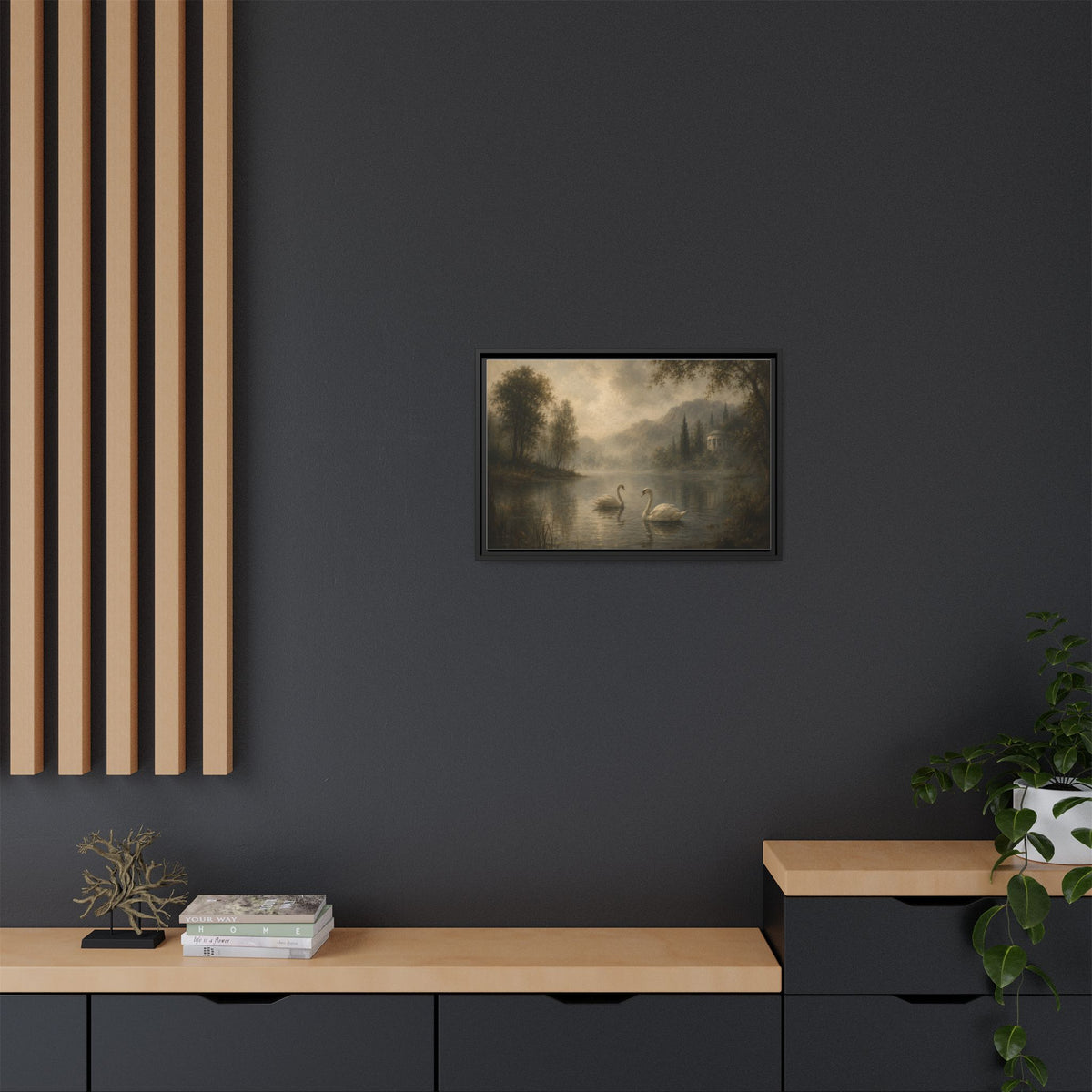 Framed Matte Canvas Print — Serene Swans on Misty Lake