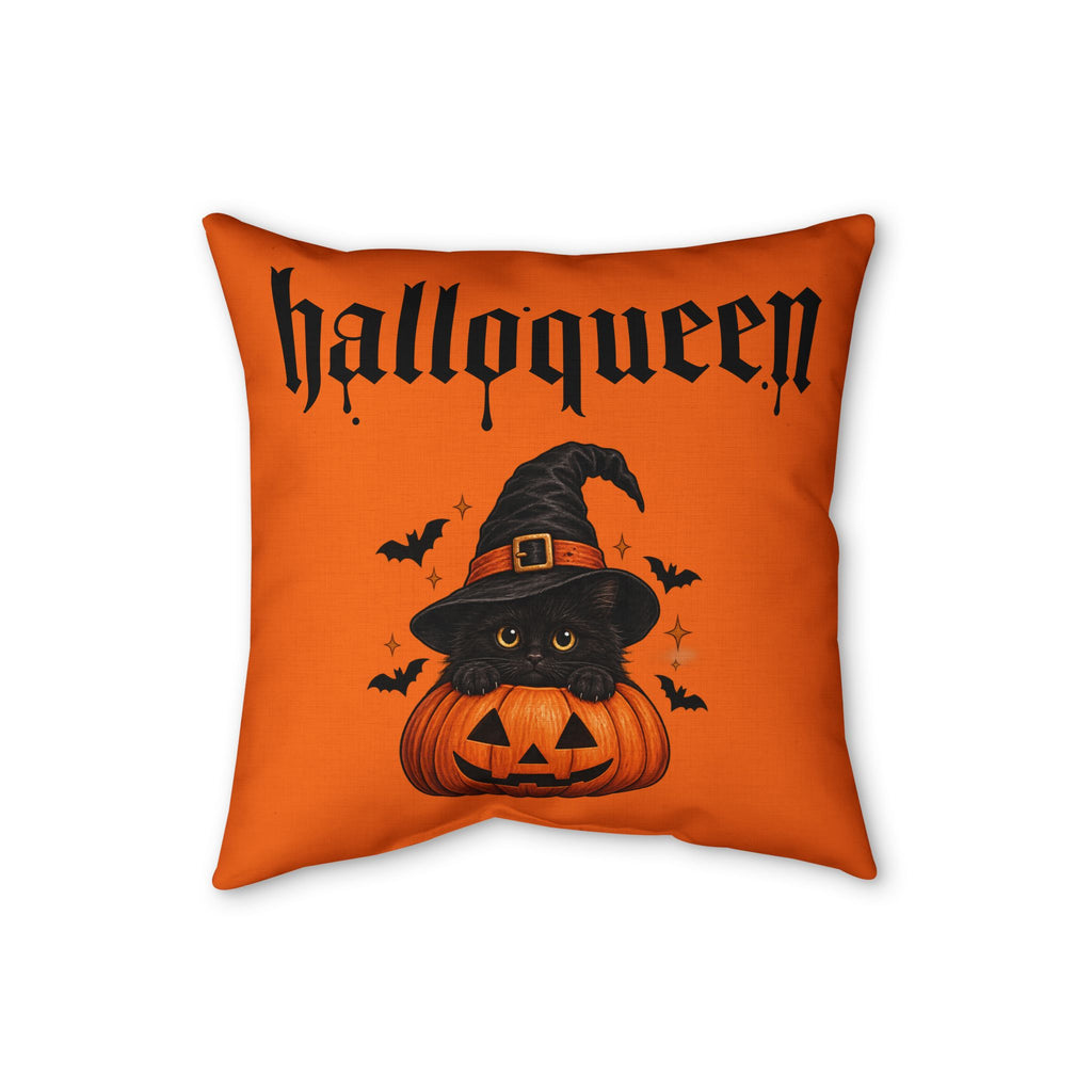 Halloween Faux Linen Pillow – "Halloqueen" Cat & Ghost Dog Pumpkin Throw Pillow
