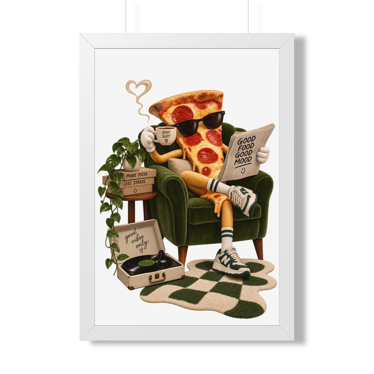 Framed Poster — Relaxing Pizza Slice 'Good Food Good Mood' Art Print