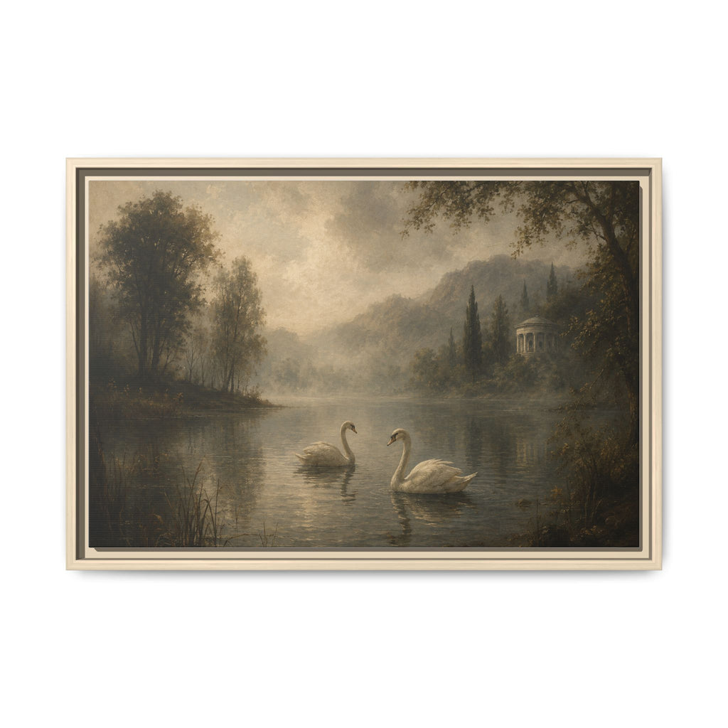 Framed Matte Canvas Print — Serene Swans on Misty Lake