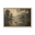 Framed Matte Canvas Print — Serene Swans on Misty Lake