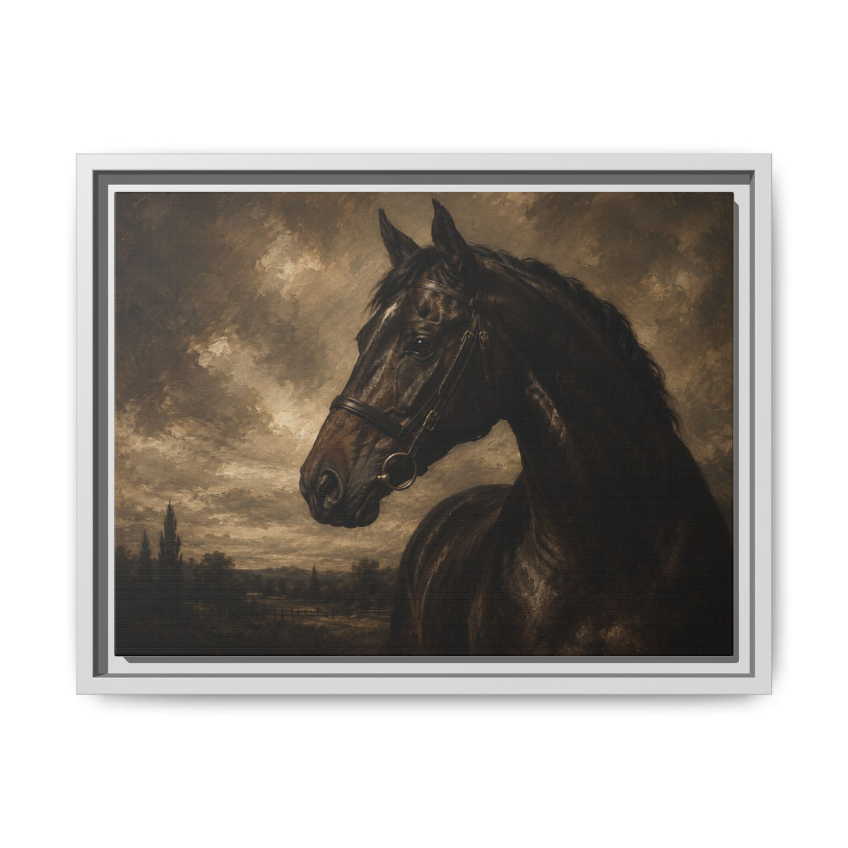 Framed Matte Canvas Horse Portrait — Vintage Dark Equestrian Wall Art