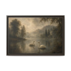 Framed Matte Canvas Print — Serene Swans on Misty Lake