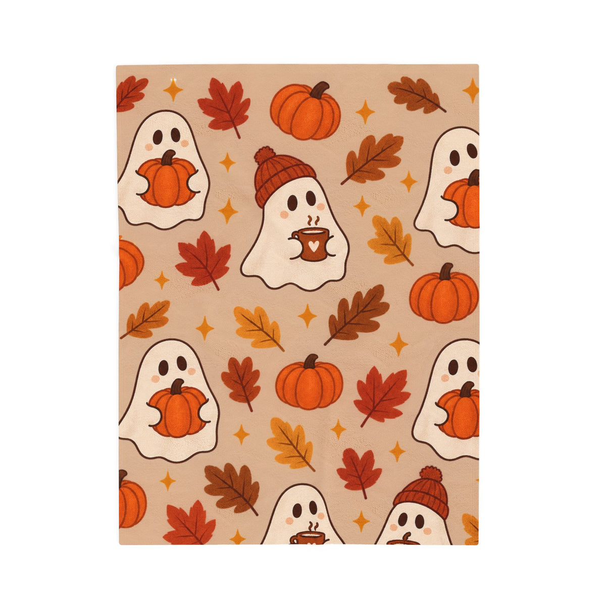 Custom Spooky Fall Ghosts Velveteen Plush Blanket, personalized fall blanket— Pumpkin & Leaves Autumn Throw