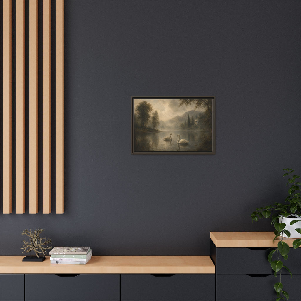 Framed Matte Canvas Print — Serene Swans on Misty Lake