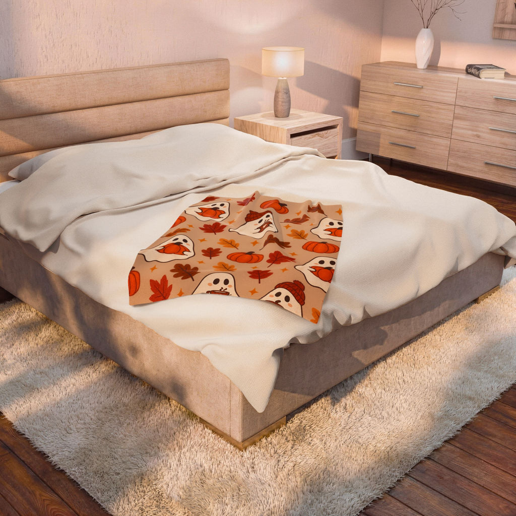 Custom Spooky Fall Ghosts Velveteen Plush Blanket, personalized fall blanket— Pumpkin & Leaves Autumn Throw
